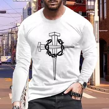 Новые мужские футболки с принтом креста 3D Nail, футболки с длинным рукавом, повседневные свитера с круглым вырезом, мужская одежда больших размеров XS белый