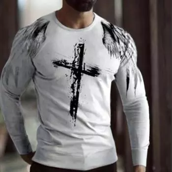Новые мужские футболки с принтом креста и перьев 3D, футболки с длинным рукавом, повседневные свитера с круглым вырезом, мужская одежда больших размеров XS белый