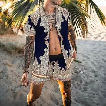 Новые мужские гавайские комплекты, летняя пляжная рубашка с коротким рукавом и принтом золотой лошади, шорты, повседневный мужской костюм из 2 предметов, S-3XL S