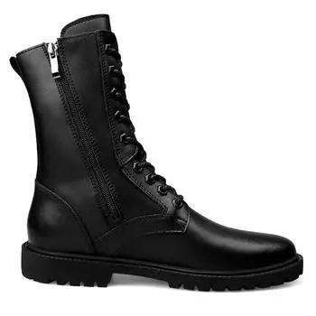 Новые мужские кожаные ботинки, настоящие зимние длинные мужские ботинки, повседневные панковские мотоциклетные ботинки с боковой молнией, черные однотонные ботинки 36