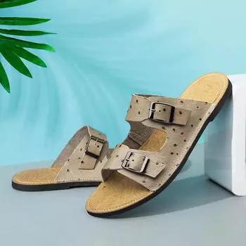 Новые мужские кожаные пляжные сандалии и тапочки, мужские летние сандалии, кожаные, с плоской подошвой, удобные, нескользящие, пляжные тапочки, сандалии 38 бежевый