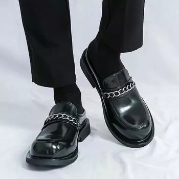 Новые мужские кожаные повседневные туфли, модные деловые туфли с круглым носком, толстая подошва, люксовый бренд, уличные свадебные туфли, мокасины 38 чёрный