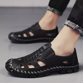 Новые мужские кожаные сандалии ручной работы 2025 года, плоские сандалии, модные мужские, подходящие для пляжного отдыха, летние, коричневые, нескользящие сандалии 38 чёрный