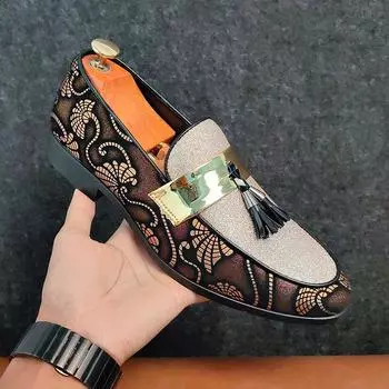 Новые мужские кожаные туфли для мужчин, роскошные британские золотые синие оксфорды с национальным узором, классические джентльменские туфли для свадьбы и выпускного вечера 6 золотой