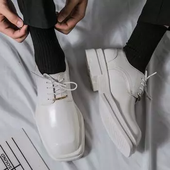 Новые мужские квадратные носки лакированные черные белые кожаные мокасины мужские туфли на платформе винтажные туфли на толстом каблуке для вечеринок мужские формальные туфли 38 чёрный