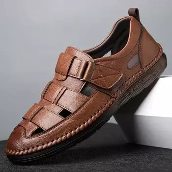 Новые мужские летние модные сандалии с завязками на носке, сандалии из натуральной кожи для мужчин, мокасины с круглым носком, легкие удобные пляжные туфли на плоской подошве 38 чёрный