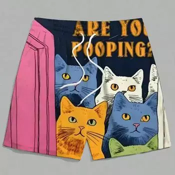 Новые мужские летние шорты, свободные повседневные шорты с 3D-принтом, милые шорты с принтом котенка в стиле хип-хоп в стиле Харадзюку, гавайские пляжные шорты S