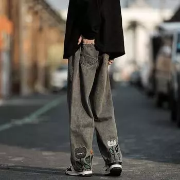Новые мужские мешковатые джинсы с цветочным принтом 2024, уличная одежда, американские повседневные джинсовые широкие брюки, винтажные прямые брюки Hombre S серый