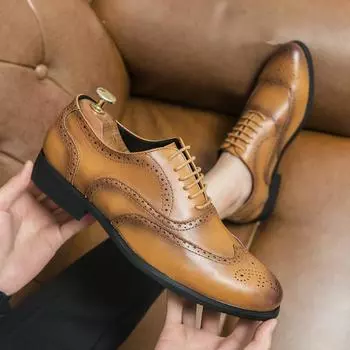 Новые мужские модельные кожаные туфли, роскошные модные свадебные туфли для жениха, мужские туфли-броги в английском стиле 37 коричневый