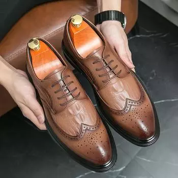 Новые мужские модельные кожаные туфли, роскошные модные свадебные туфли для жениха, мужские туфли-броги в английском стиле 37 коричневый