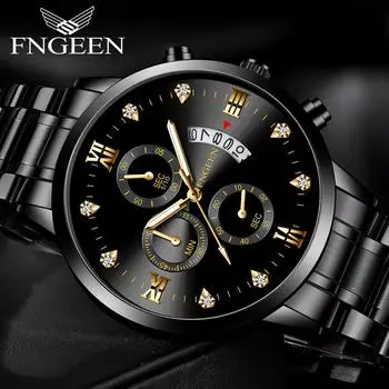 Новые мужские модные деловые кварцевые часы из нержавеющей стали с календарем, спортивные светящиеся водонепроницаемые мужские наручные часы чёрный