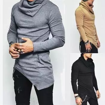 Новые мужские модные несбалансированные футболки с черепаховым гофрированием и карманами с длинными рукавами и черепаховым вырезом M чёрный