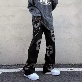 Новые мужские модные прямые джинсы с буквенным принтом, свободные брюки в стиле хип-хоп M чёрный