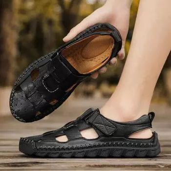 Новые мужские мокасины с открытым носком, летние мужские сандалии, повседневная мужская обувь из кожи ручной работы, нескользящие сандалии для мужчин, пляжная обувь 38 чёрный