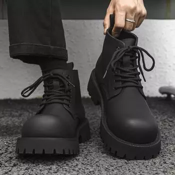 Новые мужские мотоциклетные ботинки с толстой подошвой и круглым носком, зимние бархатные уличные ботинки на шнуровке, деловые, высокие кожаные туфли 38 чёрный