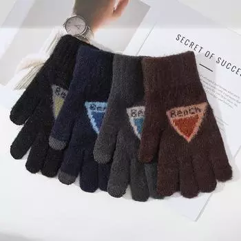 Новые мужские перчатки для сенсорных экранов с треугольным узором, бархатные, теплые и утолщенные, модные осенне-зимние перчатки для велоспорта с пятью пальцами в корейском стиле average size