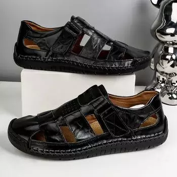 Новые мужские пляжные сандалии из натуральной кожи большого размера 38-48, дышащие, ретро, сшитые вручную, Baotou, повседневная модная обувь ручной работы 38 синий