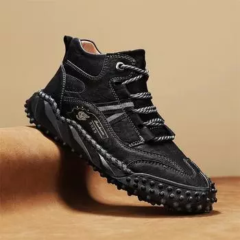 Новые мужские походные ботинки из кожи ручной работы, осенние дизайнерские кроссовки, нескользящая повседневная кожаная обувь, ботильоны, обувь для походов на открытом воздухе 38 чёрный
