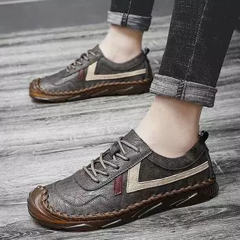 Новые мужские повседневные кожаные туфли для отдыха на природе весна/лето больших размеров, сшитые вручную мужские туфли на мягкой подошве 38 чёрный