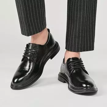 Новые мужские повседневные кожаные туфли на платформе, британские деловые туфли с мягкой подошвой Brock, нескользящие и износостойкие, мужские кожаные туфли 38 чёрный