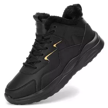 Новые мужские повседневные кроссовки из черной кожи, водонепроницаемые, плюс бархат, сохраняющие тепло, хлопковые туфли, нескользящие, легкие, мужские спортивные туфли 39 чёрный