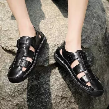 Новые мужские повседневные сандалии большого размера, сшитые вручную, полые, дышащие, кожаные, пляжные туфли, забродные туфли 38