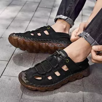 Новые мужские повседневные туфли большого размера на весну и лето, сандалии, полые, дышащие, пляжная обувь для отдыха, модная обувь ручной работы 38 коричневый