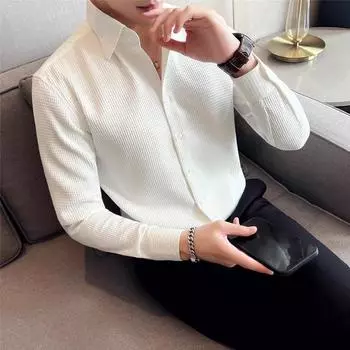 Новые мужские рубашки Four Seasons, однотонные, с длинным рукавом, элегантная повседневная рубашка, мужская вафельная, высокого качества, облегающая блузка для мужчин S темно-зеленого