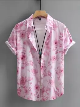 Новые мужские рубашки розовая цветочная пляжная летняя повседневная с коротким рукавом гавайская рубашка для мужчин повседневные топы одежда для вечеринок S розовый
