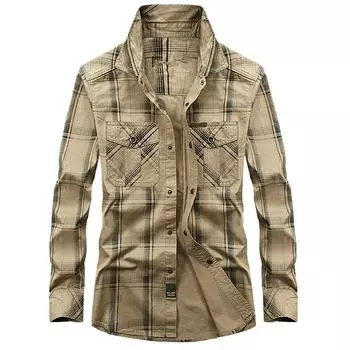 Новые мужские рубашки весна-осень в клетку с длинными рукавами из хлопка больших размеров 5XL хаки