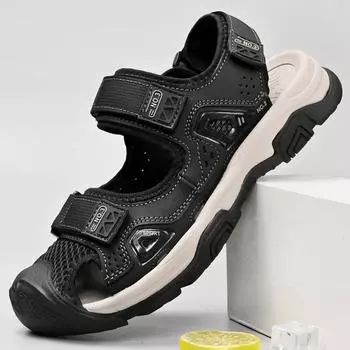 Новые мужские сандалии из натуральной кожи, летние туфли на плоской подошве для отдыха на открытом воздухе, нескользящие пляжные туфли для прогулок, походов, повседневная обувь для мужчин, сандалии для походов, мужские 38 чёрный