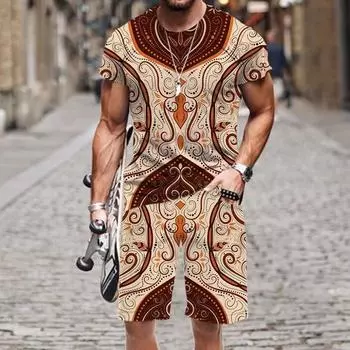 Новые мужские спортивные костюмы с винтажным узором и 3D-принтом, мужская футболка с круглым вырезом, повседневные шорты, 2 предмета, летняя уличная мужская одежда S