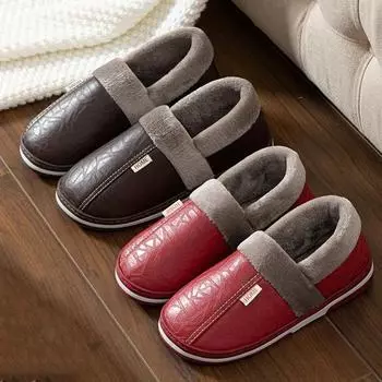 Новые мужские тапочки большого размера 50 51, зимние, из искусственной кожи, теплые, для дома, водонепроницаемые, для пар, на плоской подошве, нескользящие, для спальни 36-37