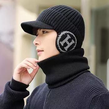 Новые мужские теплые зимние шапки с плюшевой меховой подкладкой, стильная шапка-бини с защитой ушей для мужчин, модный открытый лыжный теплый костюм с напуском 55cm-60cm чёрный