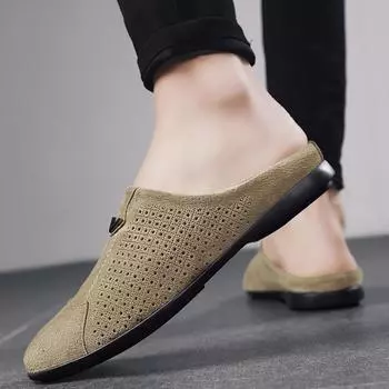 Новые мужские туфли без застежек, кожаные повседневные полутапочки для мужчин, дышащие мужские тапочки, летняя дизайнерская мужская обувь, лоферы с выемками 38 серый