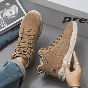 Новые мужские туфли из натуральной кожи, повседневные туфли, осенние высокие туфли для скейтбординга на плоской подошве, молодежные кроссовки на шнуровке 39 хаки