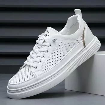 Новые мужские туфли из натуральной кожи, повседневная обувь, уличная мода, микропористые белые плоские туфли для скейтбординга, дышащие кроссовки EU 38 белый