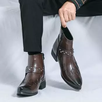 Новые мужские высококачественные высокие монгольские рыцарские сапоги с боковой молнией, осенние мужские удобные короткие остроносые резные ретро-сапоги 38 чёрный