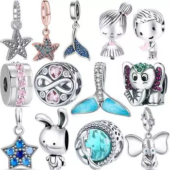 Новые настоящие бусины из серебра 925 пробы, кролик-русалка, слон, морская звезда, подходят для оригинального браслета-подвески, ювелирные изделия своими руками, подарок для женщин