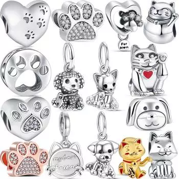 Новые настоящие бусины из стерлингового серебра 925 пробы, милые бусины с принтом в виде кошачьей лапы, подходят для браслета, модные ювелирные изделия для женщин