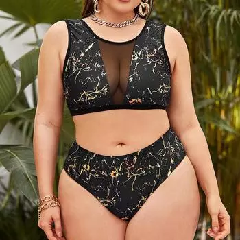 Новые негабаритные купальники, женские сексуальные купальники с принтом и толстым бикини с разрезом 0XL чёрный