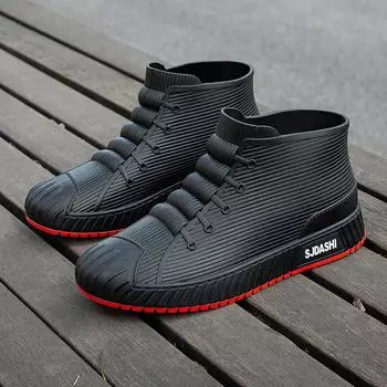 Новые непромокаемые ботинки мужские водонепроницаемые модные студенческие короткие четырехсезонные рабочие нескользящие непромокаемые ботинки для взрослых резиновая обувь 39 чёрный