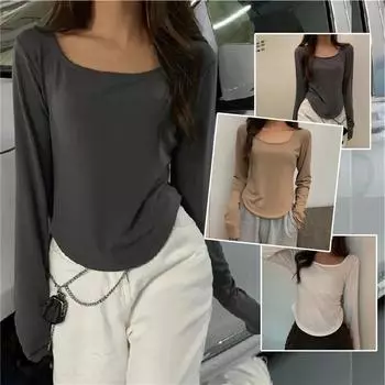 Новые нестандартные элегантные футболки с длинными рукавами, женские повседневные тонкие укороченные топы с квадратным воротником, женские шикарные винтажные уличные однотонные футболки M чёрный