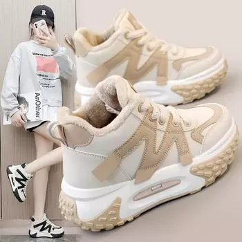 Новые неуклюжие кроссовки на флисовой подкладке в корейском стиле, женские зимние теплые кроссовки 2023, спортивная обувь для бега и отдыха, лифт 35 хаки