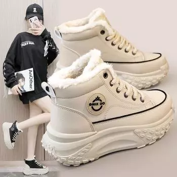 Новые неуклюжие кроссовки на флисовой подкладке, женские зимние кроссовки 2023, новые корейские теплые высокие кроссовки, хлопковая женская обувь 35 серебряный