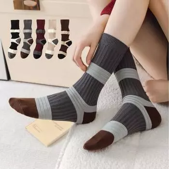 Новые носки для детей Контрастные цвета для осени и зимы Кофейные носки средней длины для женщин Полосатые носки средней длины для женщин хаки