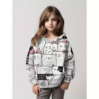 Новые очаровательные котята узор принт толстовки для девочек пуловер с длинным рукавом модные и милые толстовки с капюшоном топы детская одежда подарки S