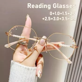Новые очки для чтения с бриллиантовой отделкой, модные очки для чтения без оправы с защитой от синего света, модный набор из жемчуга для женщин, пресбиопические очки 0