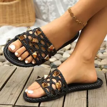 Новые однословные полые заклепки большого размера с плоским дном удобная верхняя одежда повседневные классные тапочки женская пляжная обувь 35 чёрный