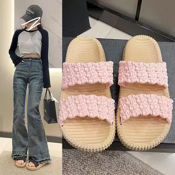 Новые односложные тапочки на платформе, женская летняя одежда, с плоским дном, открытым носком и круглым носом, модные пляжные туфли в стиле фей 36 чёрный